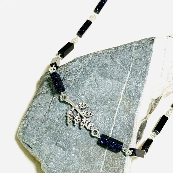 Dark Blue Goldstone Short Necklace w/ Silver Leaf Branch Pendant - Picture 4 of 14